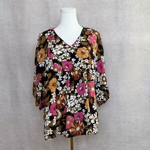 Emily Wonder Boutique Floral V-Neck Blouse with Rich Tones of Gold, Pink, Brown